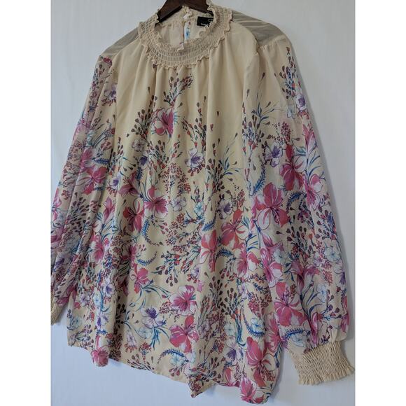 Suzanne Betro Ivory Floral Sheer Smock Neck Blouse Womens Size XL Lightweight - Picture 2 of 8